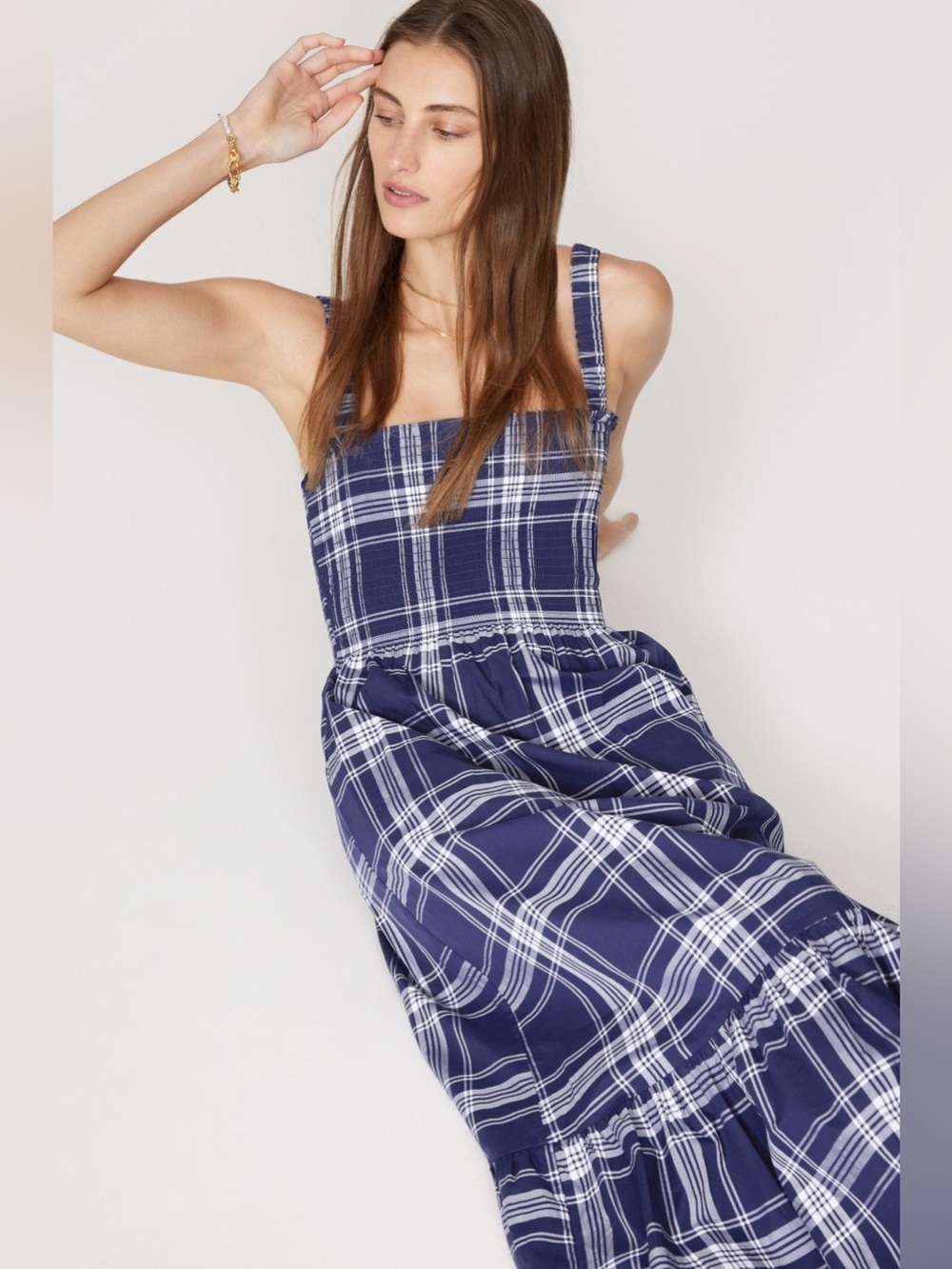 Hill house Plaid Anjuli The Nap Navy Square-Neck Maxi Dress - Picture 9 of 9